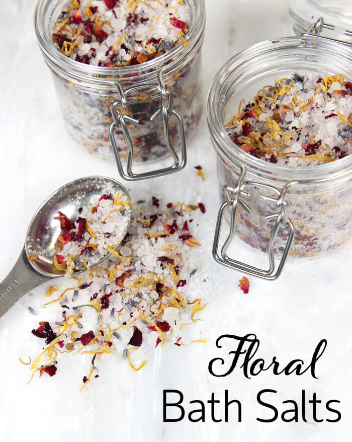 These Floral Bath Salts are made with lavender essential oil, dried flowers and dead sea salt. Add them to your tub for a super relaxing experience!