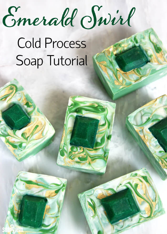 This Emerald Swirl Cold Process Soap Tutorial uses melt and pour embeds and mica painting to create a sophisticated and eye-catching design.