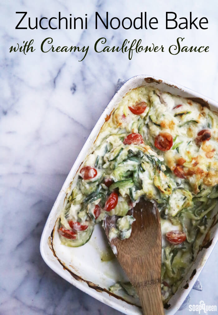 This Zucchini Noodle Bake uses zucchini noodles instead of pasta, and a creamy white sauce made from cauliflower. It's a delicious way to eat your veggies!
