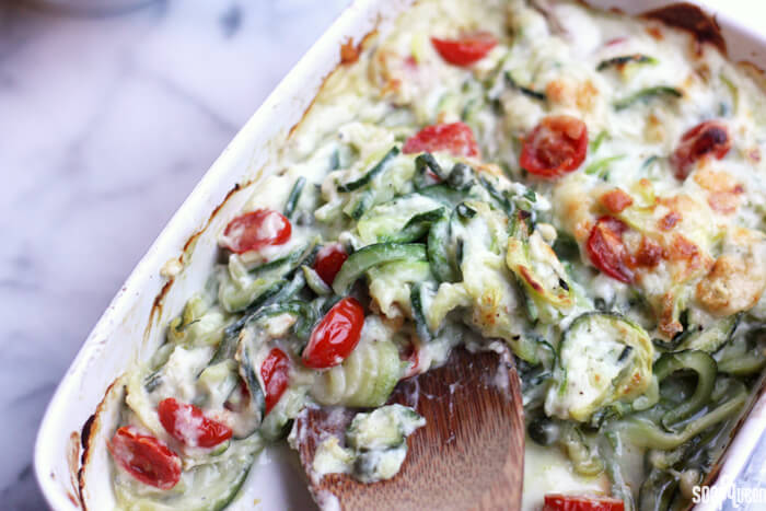 This Zucchini Noodle Bake uses zucchini noodles instead of pasta, and a creamy white sauce made from cauliflower. It's a delicious way to eat your veggies!