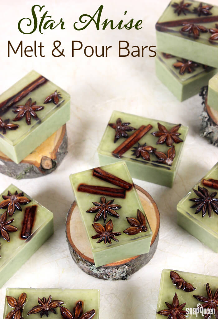 These Star Anise Soap Bars are colored with clay and scented with a blend of orange and anise essential oils. Star anise and cinnamon embeds on top give these bars a rustic look.