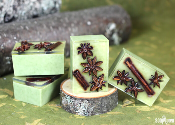 These Star Anise Soap Bars are colored with clay and scented with a blend of orange and anise essential oils. Star anise and cinnamon embeds on top give these bars a rustic look.