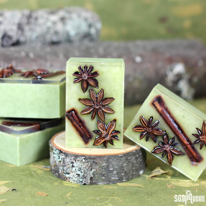 These Star Anise Soap Bars are colored with clay and scented with a blend of orange and anise essential oils. Star anise and cinnamon embeds on top give these bars a rustic look.