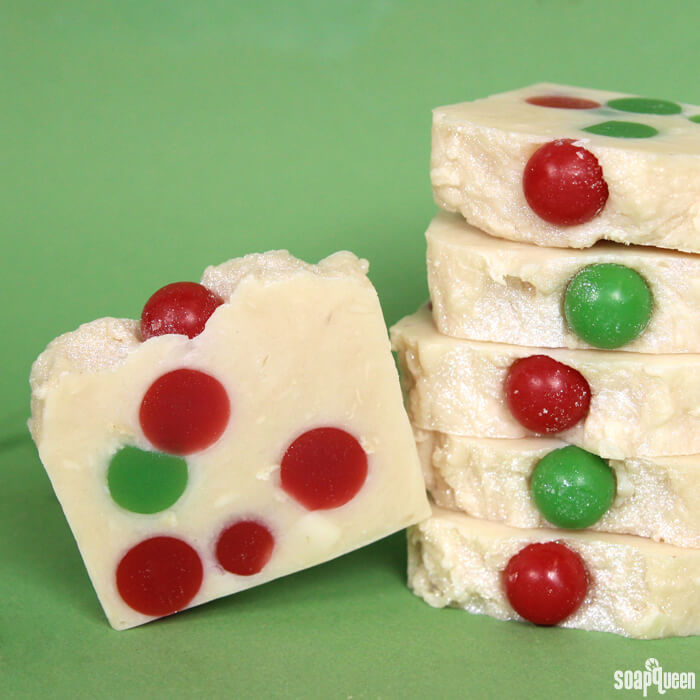 This Holiday Candy Rebatch Tutorial creates festive bars of soap that smell delicious!