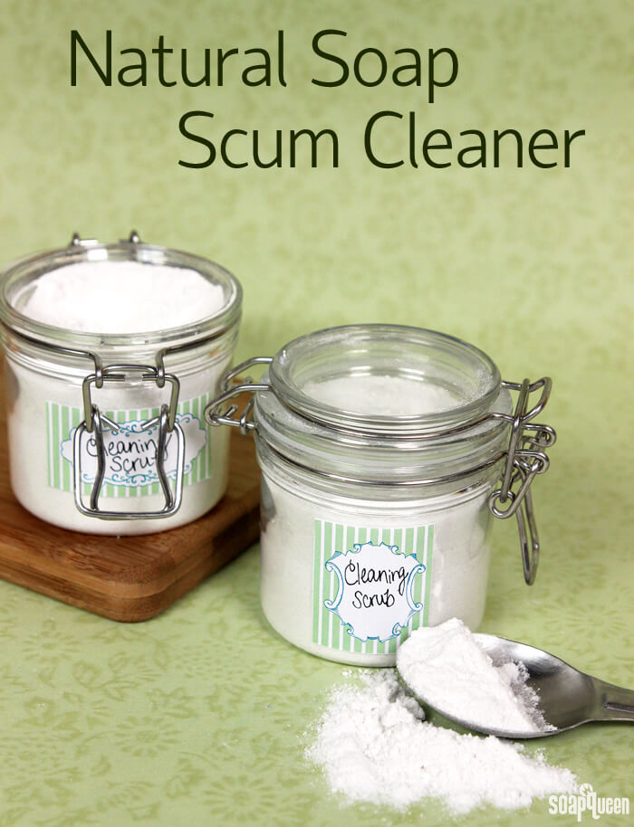 This natural soap scum cleaner is made with baking soda, pumice, and salts to scrub away dirt and grime.