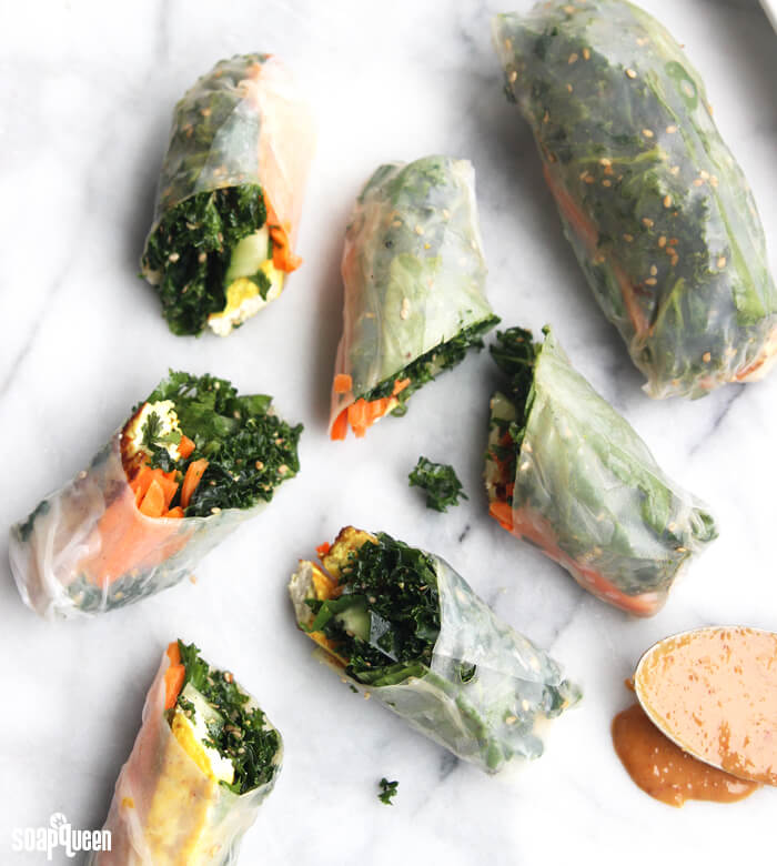 These fresh rolls are made with tofu and fresh kale, which is dressed in a tangy homemade dressing.