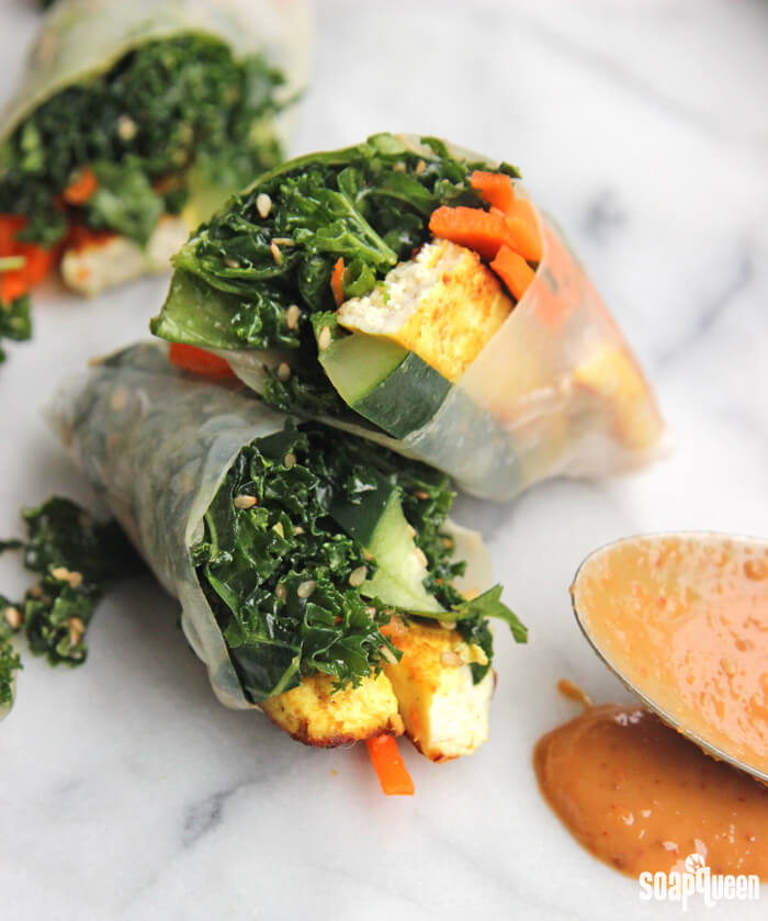 These fresh rolls are made with tofu and fresh kale, which is dressed in a tangy homemade dressing.