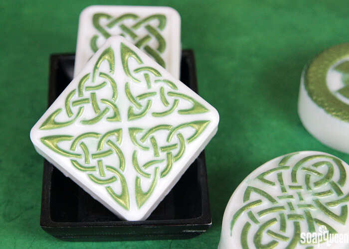 These Celtic Melt and Pour Soap Bars are made with green mica and Green Tea and Cucumber Fragrance Oil for a fresh scent.