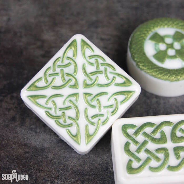 These Celtic Melt and Pour Soap Bars are made with green mica and Green Tea and Cucumber Fragrance Oil for a fresh scent.