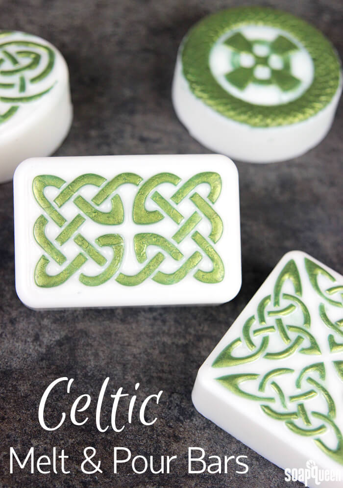 These Celtic Melt and Pour Soap Bars are made with green mica and Green Tea and Cucumber Fragrance Oil for a fresh scent.
