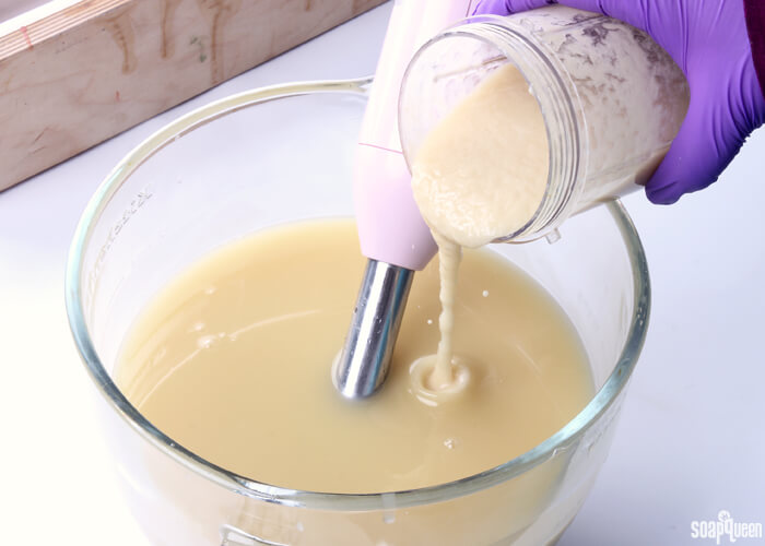 The SCOBY mixture is added to the soap at trace.