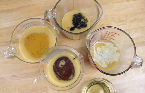 Divided soap with colorants.