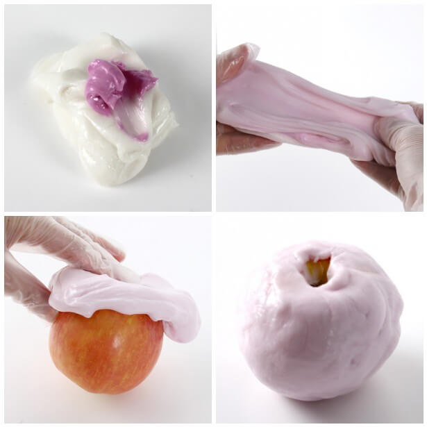Molding flexy-fast putty around an apple.