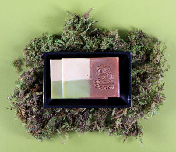 Apple jack peel cold process soap made in our vertical mold and stamped.