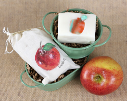 Apple scented soap with hand painted soap bag