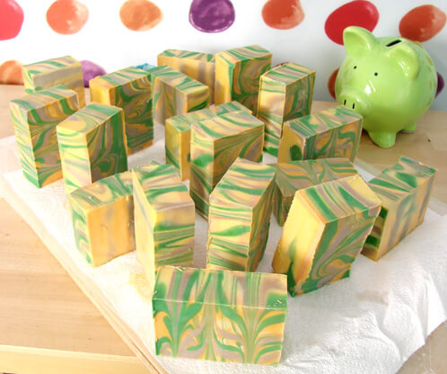 Cold process mint chocolate chip swirled CP soap