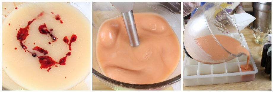 Three pictures of pink soap in the blending process.
