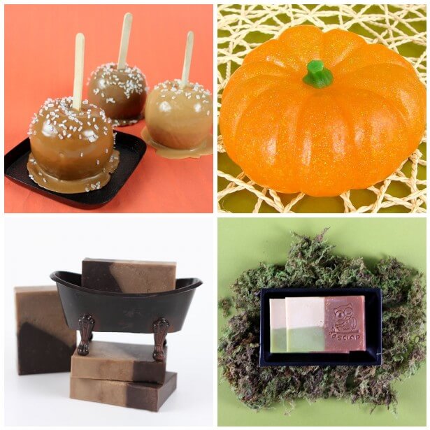 A mosaic of pumpkin soap, caramel apple soap, applejack peel soap and black and tan soap.
