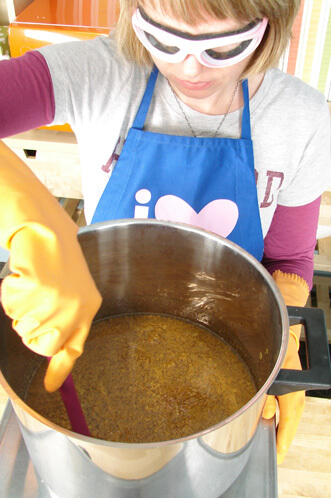Stirring the hot process soap