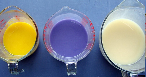 Yellow, purple and white soap batter for an In The Pot Swirl.