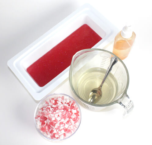Red and white peppermint soap production.