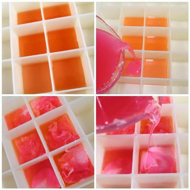 Pouring the orange, pink and light pink soap.