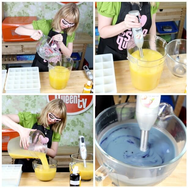 Anne-Marie mixing the soap batter, splitting up the batch and coloring the soap with yellow and blue colorant.