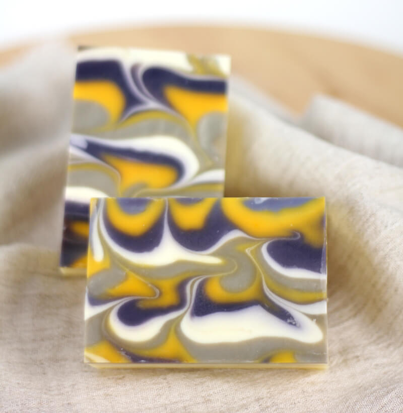 Peacock Swirl Cold Process Soap made with natural infusions of Annatto, Alkanet, Sea Clay and Titnaium Dioxide